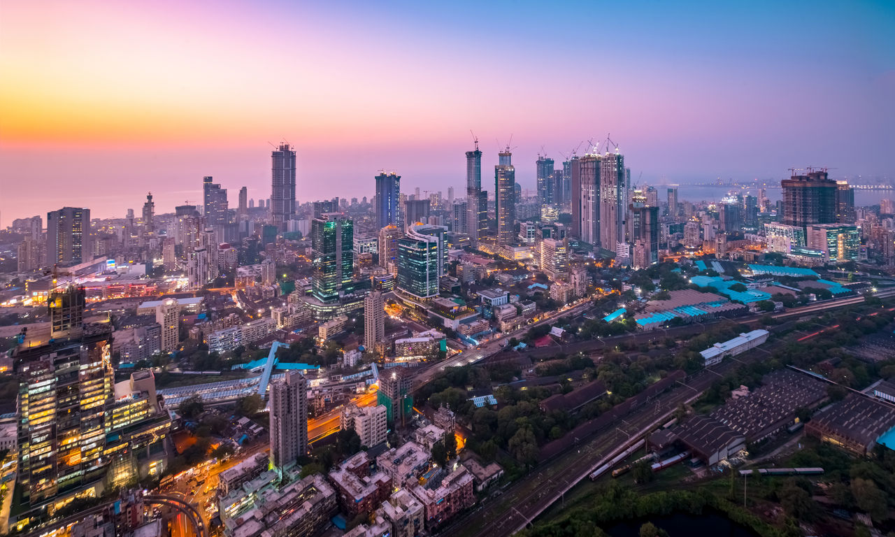 Colourful hues of the sky over the cityscape of Mumbai at dusk, as seen from Currey Road.